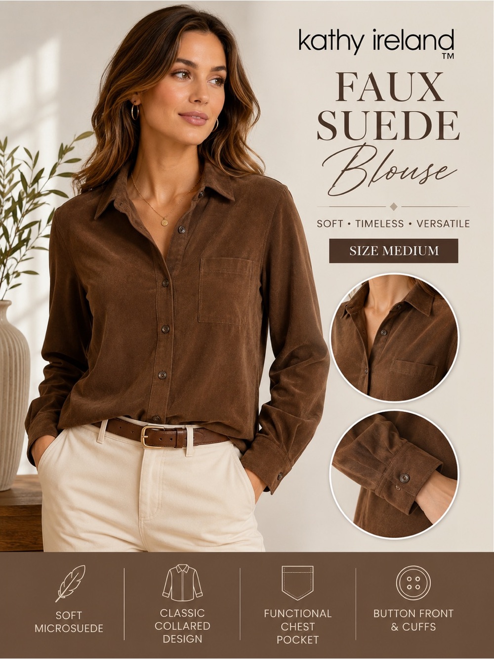 Kathy Ireland Brown Faux Suede Button Front Blouse Medium Long Sleeve Collared